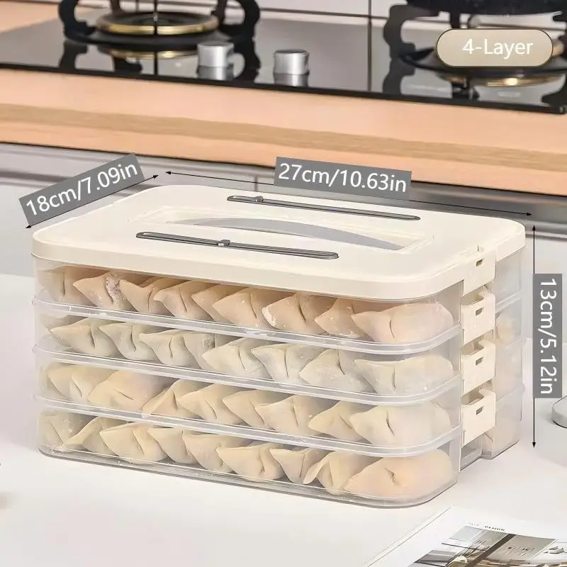 Dumplings Storage Boxes with 4 Layers, Stackable with Lid, Buckle & Handle for Cookies Wonton Donuts, 10.63*7.09*5.12in Box Organizer For Fridge, 1.18in Net Height Per Layer, Small Size, Cream Color