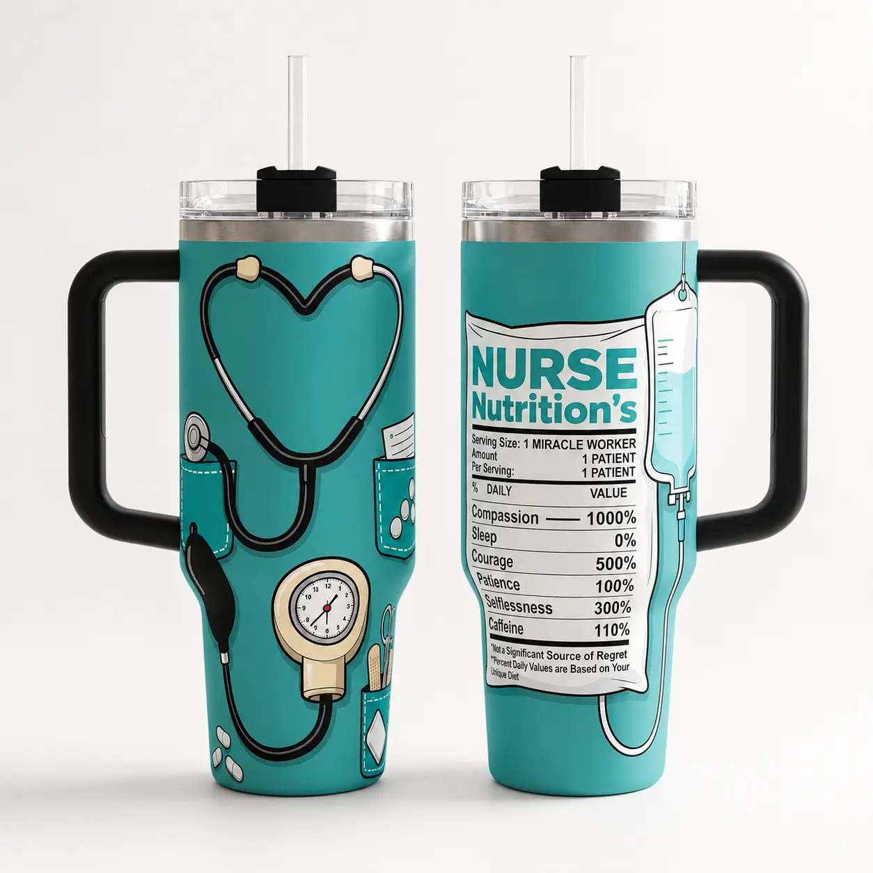 40oz Nurse Nutrition Facts Insulated Tumbler with Handle and Lid - Stethoscope & Medical Graphic Stainless Steel Travel Mug, Splash-Resistant Skinny Cup, 12H Hot / 24H Cold, Nurse Week Appreciation Gift for Women