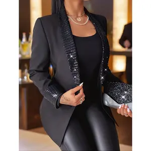 Women'S Elegant Sequin Shawl Collar Blazer Jacket, Solid Color Polyester 100% Long Sleeve Regular Fit, All-Season Woven Outerwear with Contrast Detail, 220gsm Fabric Weight