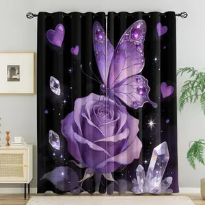 2Pcs Butterfly & Rose Blackout Curtains, Gothic Crystal Galaxy Floral Thermal Insulated Curtains, Romantic Aesthetic Window Drapes for Bedroom Living Room