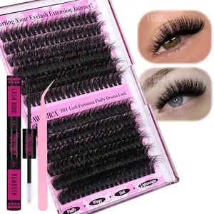 Yawamica Fluffy Lash Clusters Kit 150D+200D Thick Volume Lash Extension Kit 14-20mm Wispy Eyelash Clusters Individual Lashes Kit with Lash Bond, Lash Remover, Lash Applicator for DIY Lash Extension