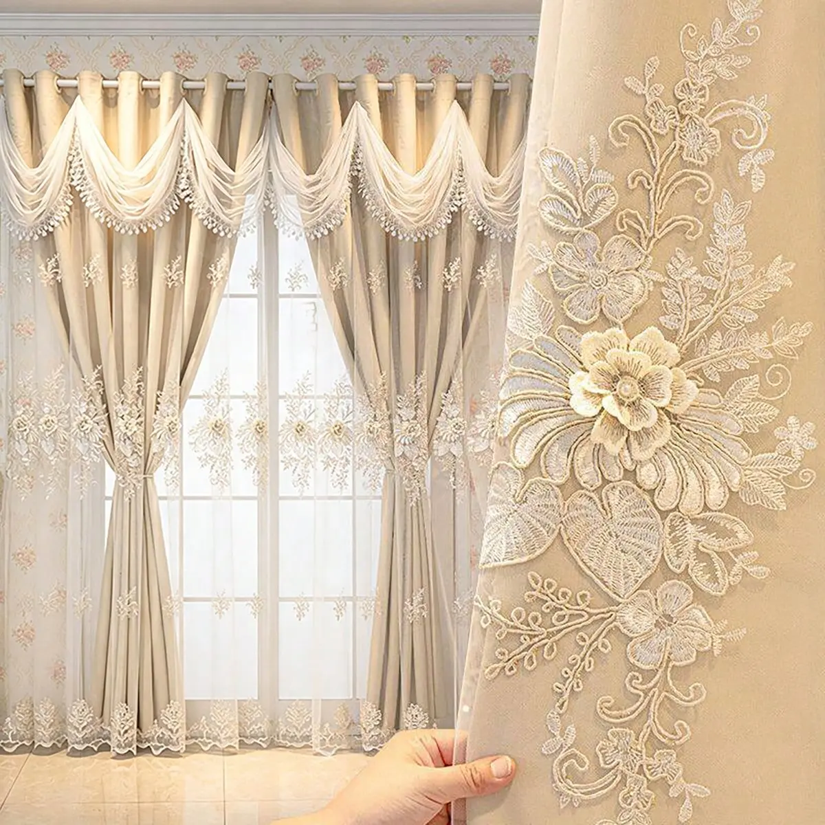 Elegant Embroidered Double Layer Curtains Floral Lace Window Drapes for Living RoomBedroom, 1 Panel or 2 Panels Set