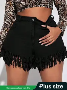 Plus Size Women's High Waist Fitted Faux Leather Fringe Shorts, Stretchy Comfortable Fit, Casual Fashion for Spring & Summer Seasons