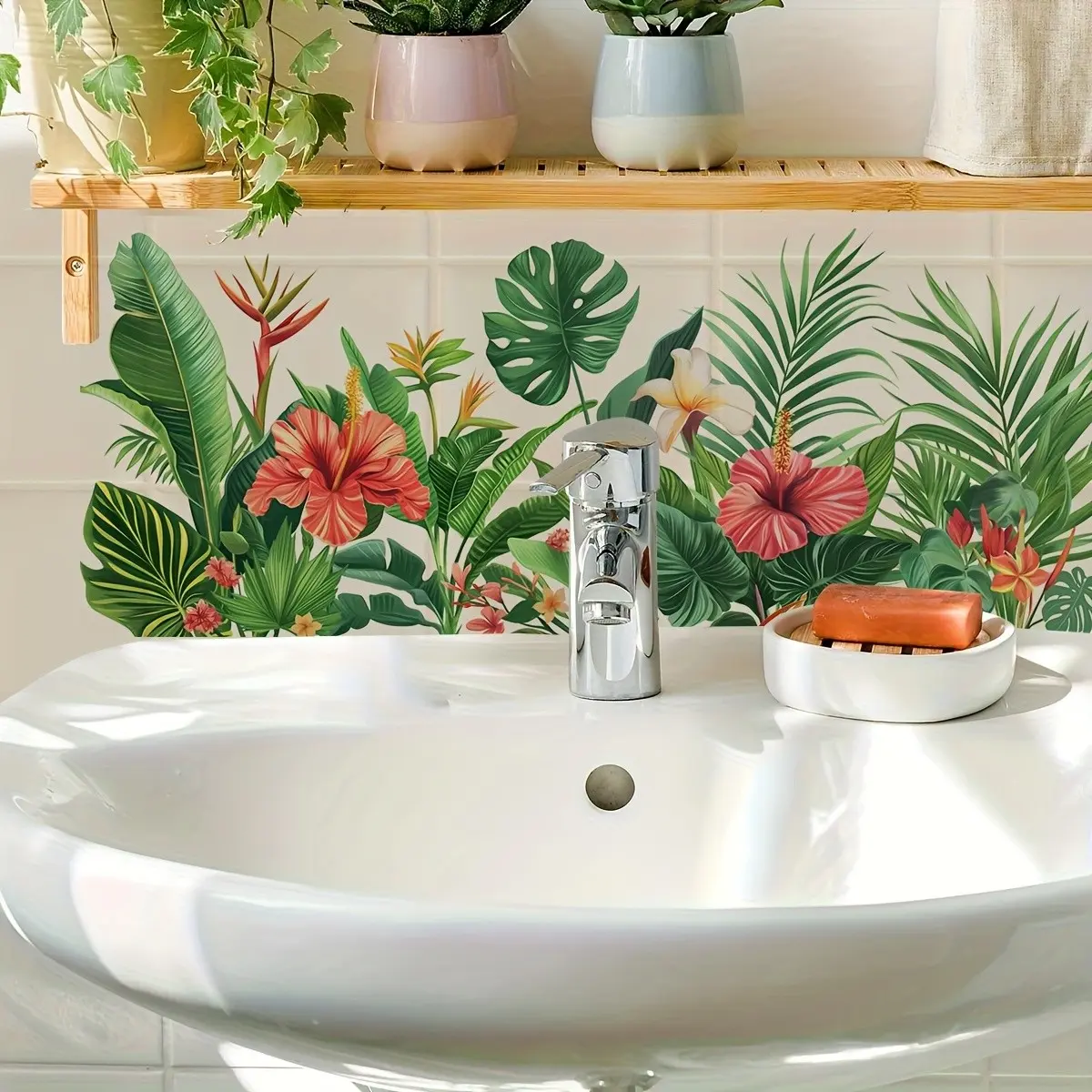 Tropical Floral Bathroom Sticker, Self-Adhesive Removable Decor, Vibrant Plant Tile Decal, Bath Wall Art, Bathroom Decoration Gift, Decorative Sticker, Home Decor, Interior Stickers