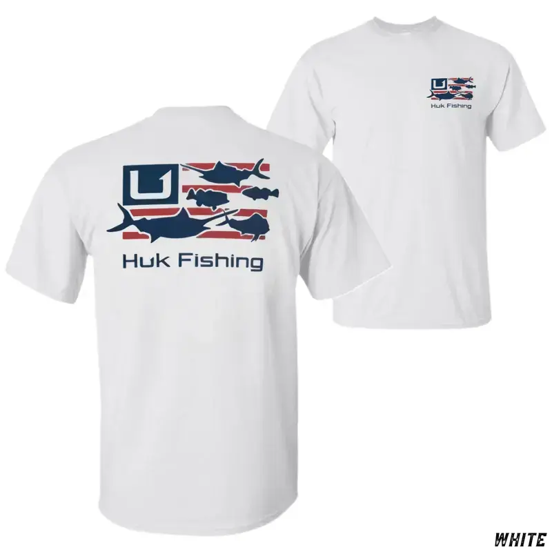 Huk Fishing Patriotic T-Shirt, American Flag Fish Graphic Tee, USA Outdoors Soft Cotton Shirt for Men & Women graphic tees
