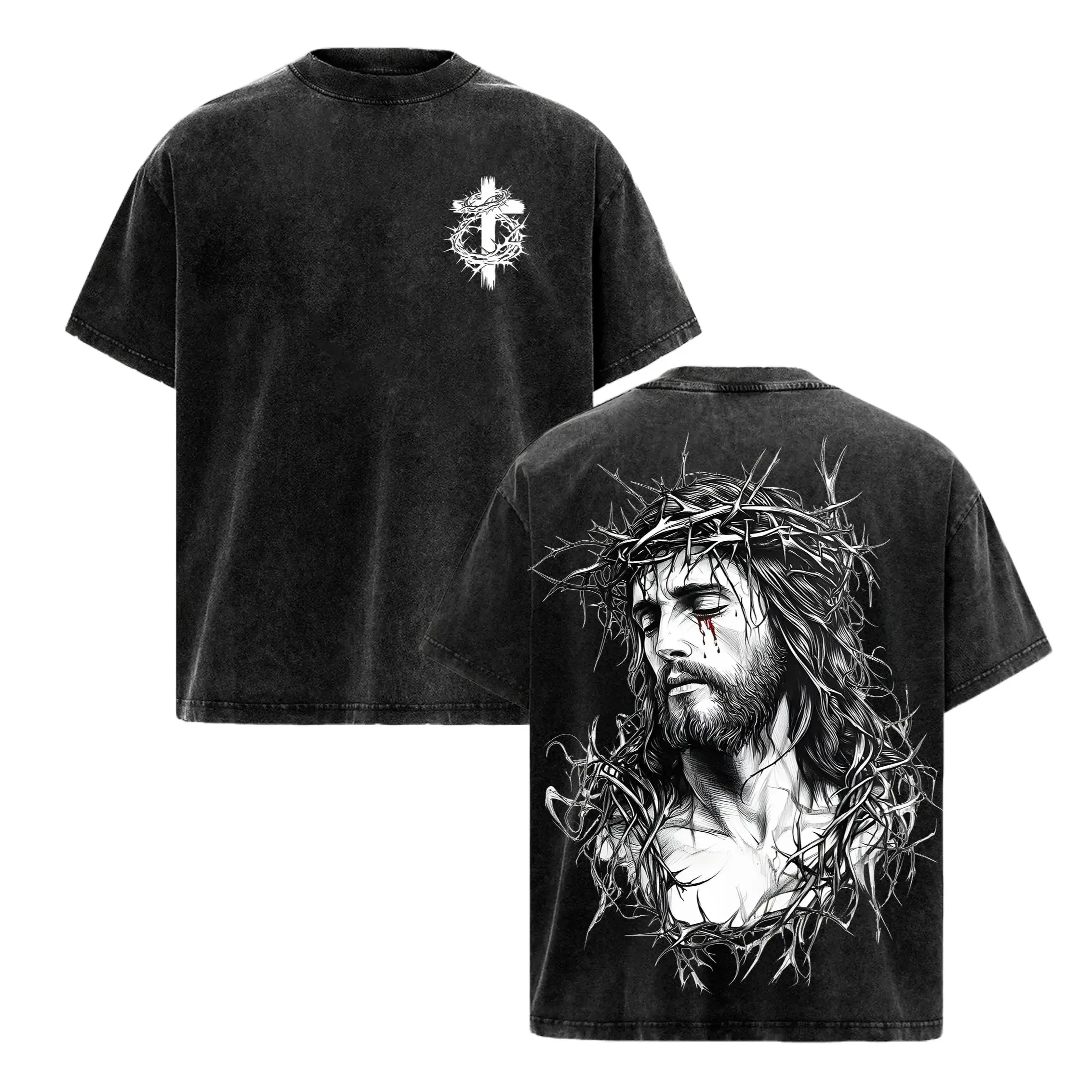 Tears of Blood – Christ’s Love in Pain - Jesus Crown of Thorns Tee Washed God Apparel Tee, Easter T-Shirt, Jesus T-Shirt, Easter Streetwear, Christian Apparel Graphic Tees, Gym Pump Cover Church Outfit