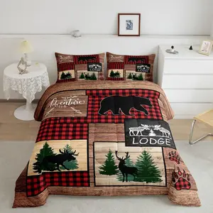 Rustic Cabin Comforter Set,Woodland Deer Bear Bedding Set for Teens,Adult Bedroom,Red Black Plaid Grid Quilt,Forest Adventure Camping Duvet Insert
