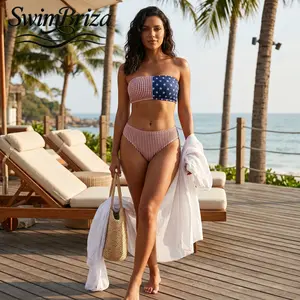 Briza｜Women's Strapless Smocked Bandeau Bikini Set USA Flag Star Stripe Print High Waisted Two-Piece Swimsuit Bathing Suit Beach Vacation Swimwear for Pool Party 4th of July Summer Resort, Women's Swimwear, Bathing Suit for Women, Swimming Water Play