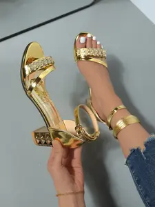 Women's Rhinestone Chunky Heel Sandals, Square Toe Ankle Strap Buckle High Heels, Party Banquet Elegant Shoes Footwear, Embellished Sandals, Classy Sandal
