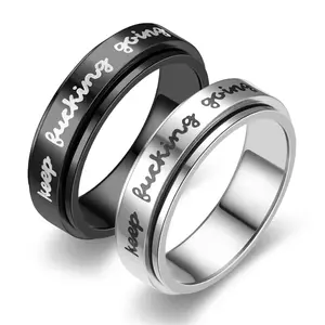 Y2k glossy matte rotatable Keep fucking going...Silver/black letter inspirational ring for men and women gift hip-hop suitable for party