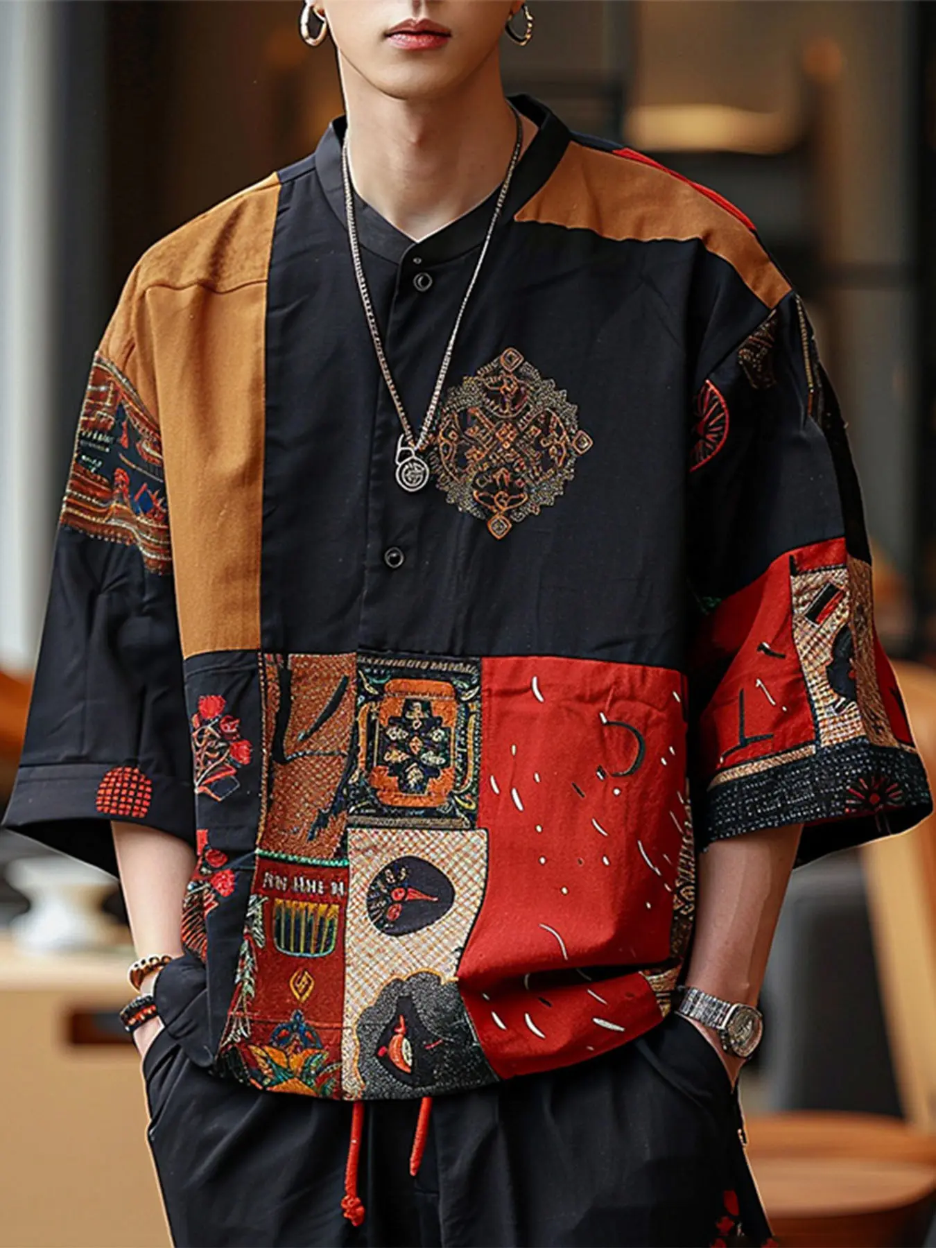 INCERUN Men's Ethnic Print Stand Collar Seven-Quarter Sleeve Casual Printed Shirt, Casual Fit Comfy, Summer Daily Wear, Comfortable and Stylish, Perfect for Everyday Use, Casual Wear Clothing, Casual Stylish Menswear, Casual Polyester Shirt