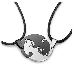 Titanium Steel Couple Necklace Black and White  Embrace Round Combination Pendant Couple Necklace