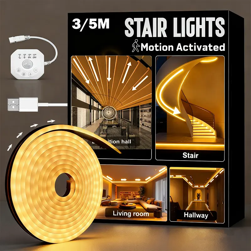 5V Motion Sensor LED Light Strip - Intelligent Auto-On for Seniors, Flow Effect, 9.84ft/16.4ft Options, Warm White/White, Indoor Home Improvement Neon Glow for Stairs, Book Lights Compatible lights for bedroom