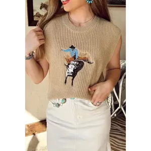 Western Cowboy Embroidery Round Neck Sleeveless Sweater