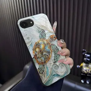 Mosaic Sea Turtle Adorable Glass Phone Case for [iPhone 16e]  Aesthetic Ocean Wave Shell Texture Hard Cover Girly & Chic Style 952