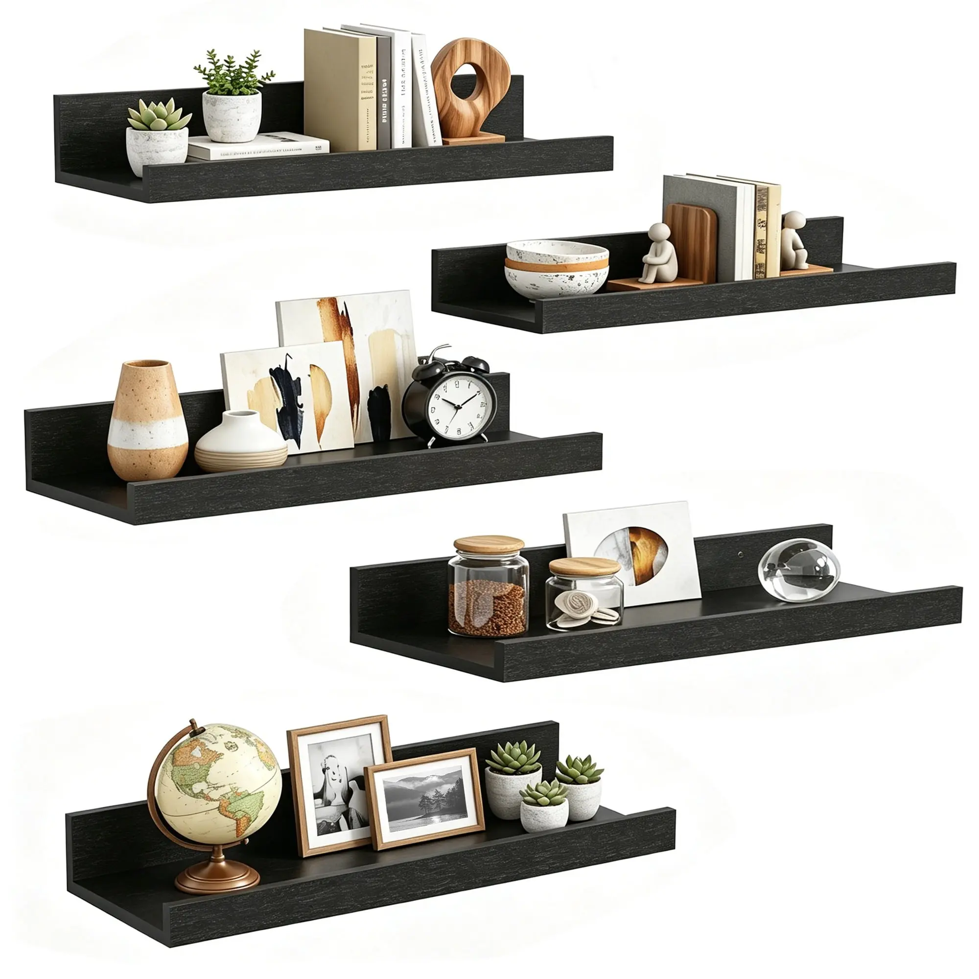 16inch Floating Shelves for Wall, Wall Shelves for Decor Storage, Wall Mounted Wood Shelves for Bedroom, Living Room, Bathroom, Kitchen, Picture Ledge Shelves, 5 Pack, Black