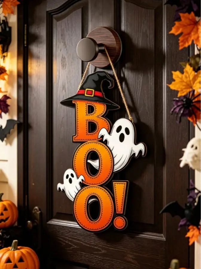 Halloween BOO Wooden Door Sign,Spooky Hanging Porch Sign with Witch Hat and Friendly Ghosts, Orange Gradient Letters, Rustic Fall Farmhouse Wall Decor for Front Door,Party Display Halloween Door,Wooden Ghost Door Hanger,Halloween BOO Sign Hanging Ornament