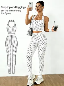 Y2K Sexy Sporty Style Crop Cami + High-Waist Pants Set, Digital Print Polka Dot Design, U-Neck Backless Top, Gym Yoga Cycling Essential, Workout Sets Women