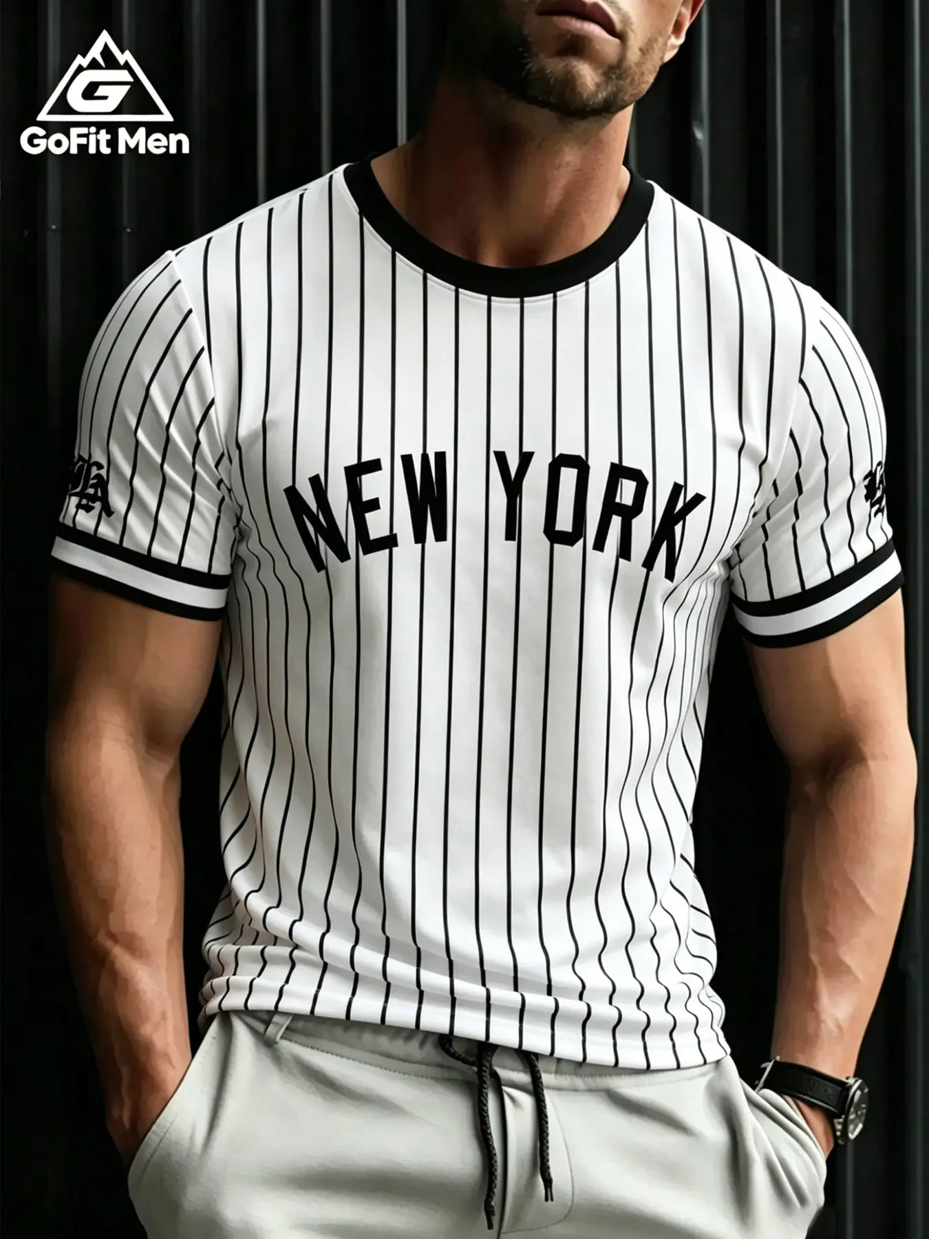 Men's New York Vertical Stripe Baseball Style T-Shirt, Fitted Design Activewear Quick-Dry Dryfit Sporty Training Top, Gym & Streetwear, Workout Sportswear, Athletic Fashion Activewear, Gofit Men