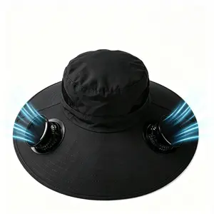 Black Solar Fan Sun Hat with 2 Cooling Fans, Instant Heat Relief, Wide Brim UV Protection for Hiking, Fishing & Outdoor Activities