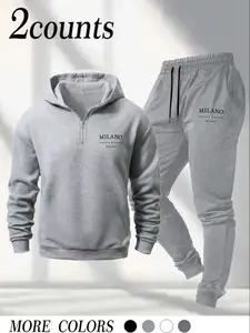 Men's Hooded Half-Zip Sweatshirt & Elastic Waist Long Pants Set, Casual Fitted Pajamas with Functional Pockets, Multiple Colors Available