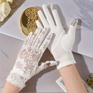1 Pair Elegant Lace Gloves for Women - Full Finger, UV Protection, Breathable Design, Perfect for Weddings, Parties, Cycling & Driving, Available in Black, White, Pink, Beige, Light Gray