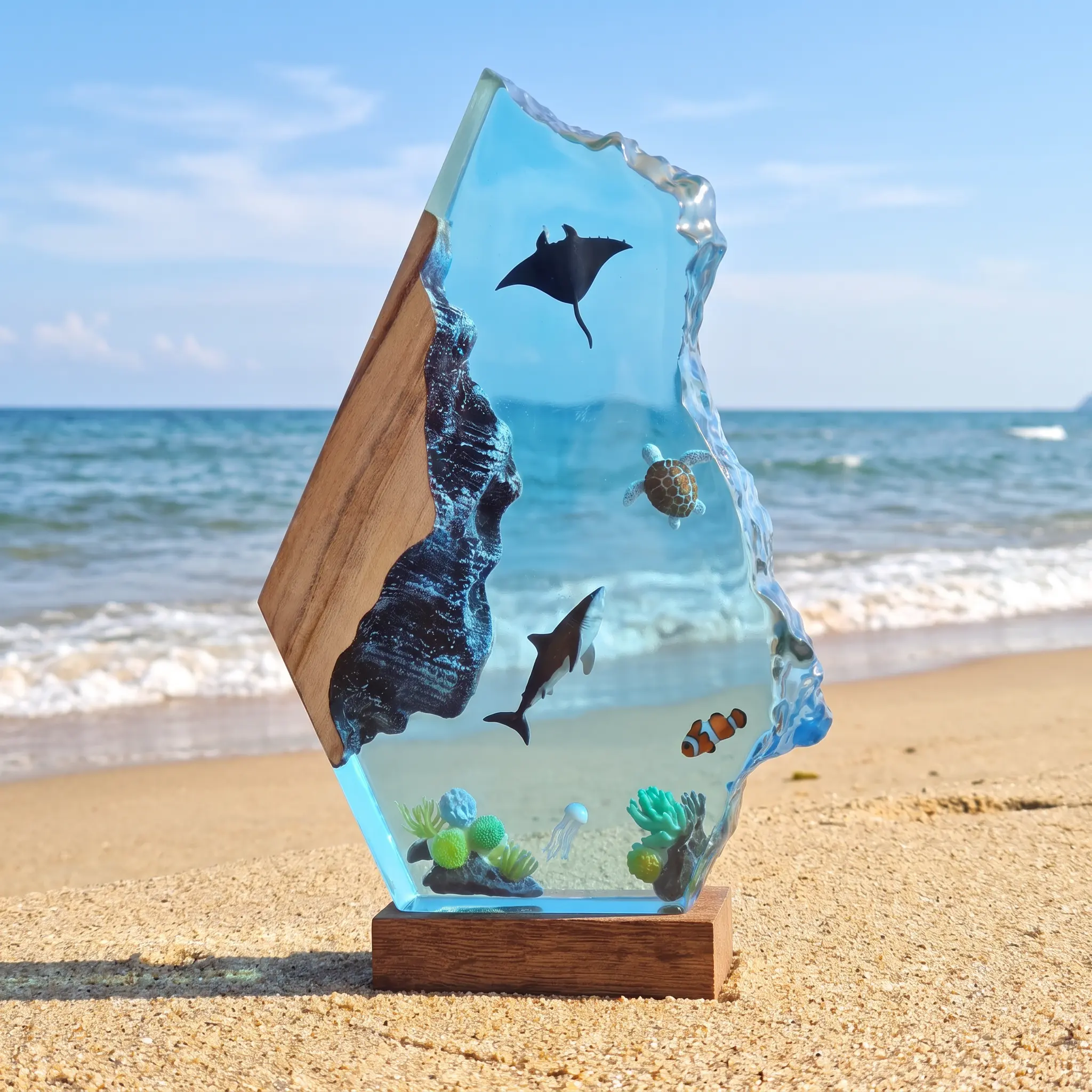 Handcrafted Ocean Epoxy Resin Night Light, Wooden LED Table Lamp with Sea Turtle & Shark, Aesthetic Bedroom Decor Gift