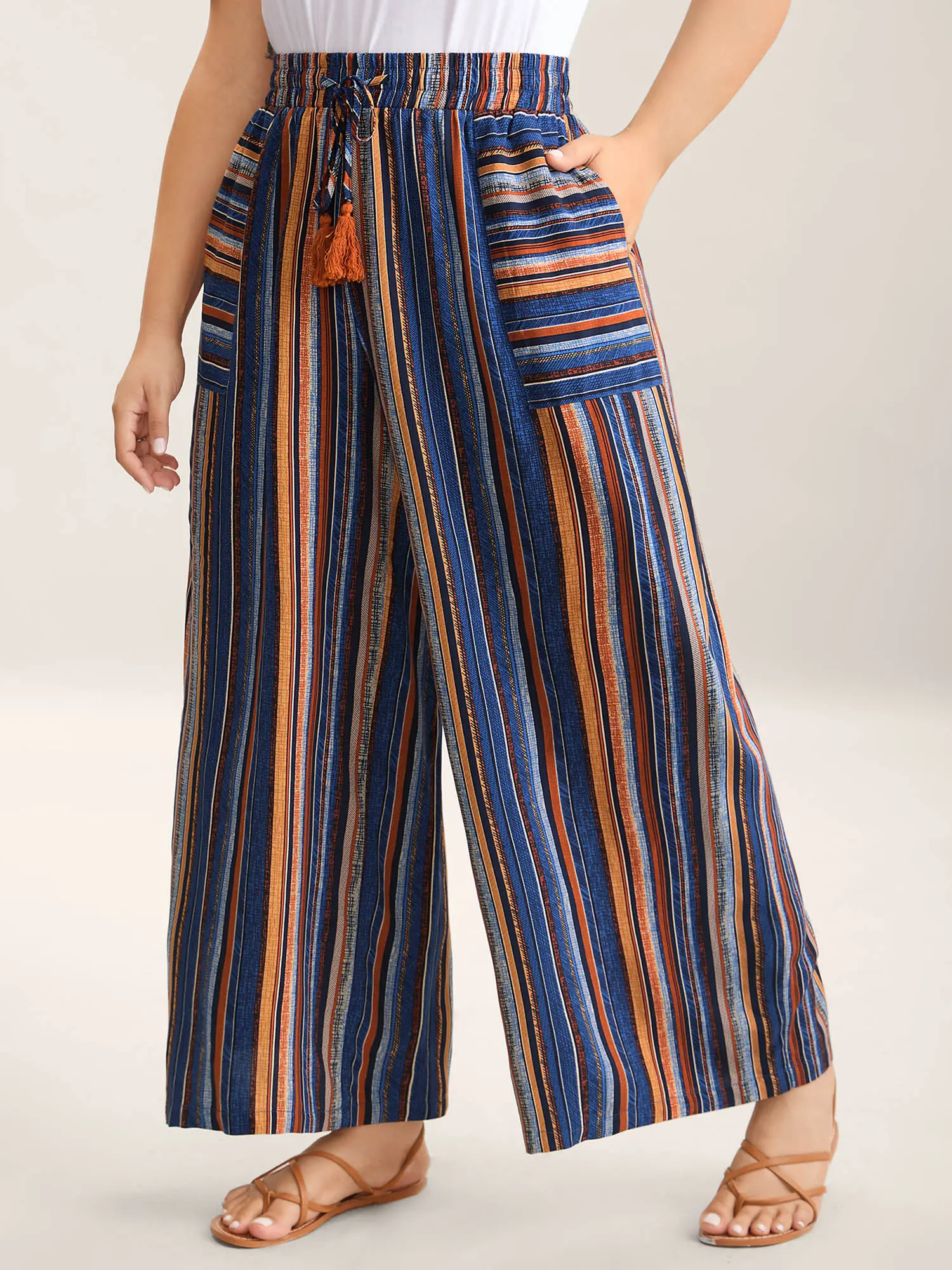 BloomChic Plus Size Bohemian Striped Rayon Wide-Leg Pants, Mid Rise Vacation Bottoms with a Contrast Drawstring, Oversize, Lady, Mom, Baggy, Bloomer Pants, Oversized, Curvy Clothing, Travel Pants