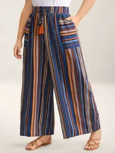 【Summer Turn-Up】【Wide Leg】BlOOMCHIC plus size Boho Stripes Drawstring Wide-Leg Pants Crimson Multicolor LooseFit Summer Bottoms Patch Pockets Closure Womenswear Pocket Wideleg Bohemian Striped Emerald [M-6X] 2026 Summer Pick for Mother's Day