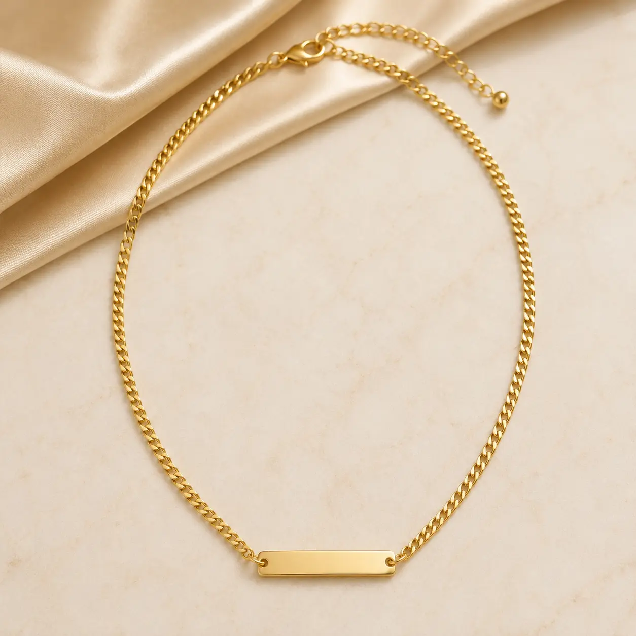 Gold Engravable Curb Chain Bar Necklace