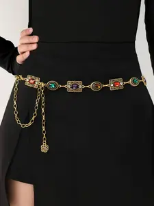 Vintage Boho Gemstone Floral Chain Belt for Women, Gold Metal Waist Chain with Colorful Rhinestone Charms, Adjustable Western Cowgirl Dress Belt, Statement Belt, Ethnic Accessory for Dresses, Skirts, Jeans, Party, Festival, Outfit Jewelry