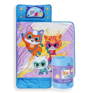Jay Franco Kids Nap Mat with Embedded Pillow & Blanket  Super Kitties Soft 46"x20" Microfiber Sleeping Bag with Name Tag & Handle for School, Travel, Sleepover, Purple