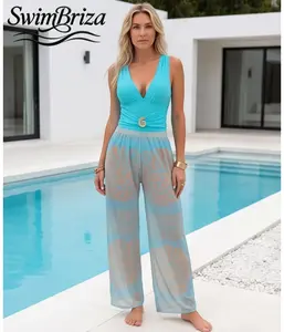 Briza｜Women's Deep V One Piece Swimsuit Lake Blue Shell Print Tankini Set with Sheer Cover Up, Vintage Vacation Bathing Suit Beach Swimwear for Women, Resort Ready Summer Pool Outfits, Women's Swimwear, Bathing Suit for Women, Tankini Swimsuit Set