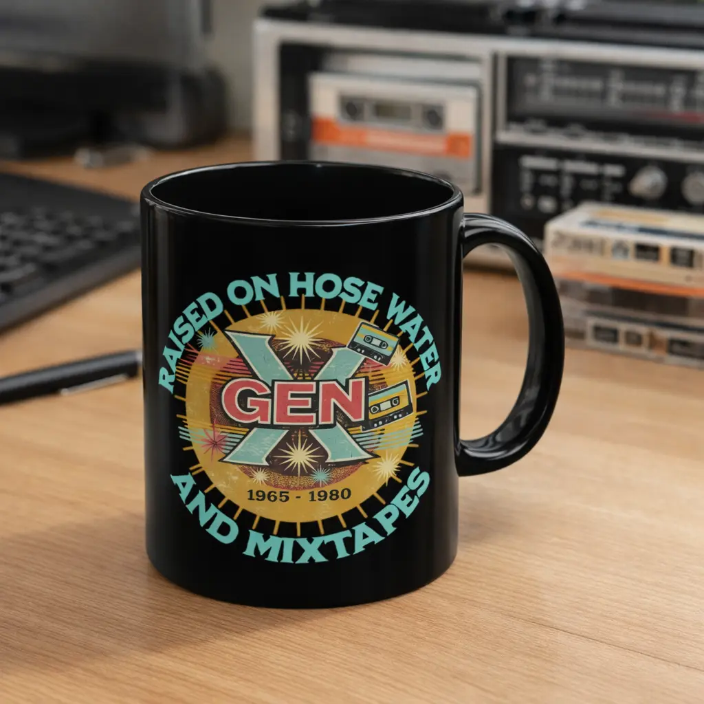 11oz Reusable Black Printed Ceramic Mug - "Raised on Hose Water and Mixtapes" Design, Glossy Neon Washable Kitchen Drinkware for Coffee Drinks, Reuse