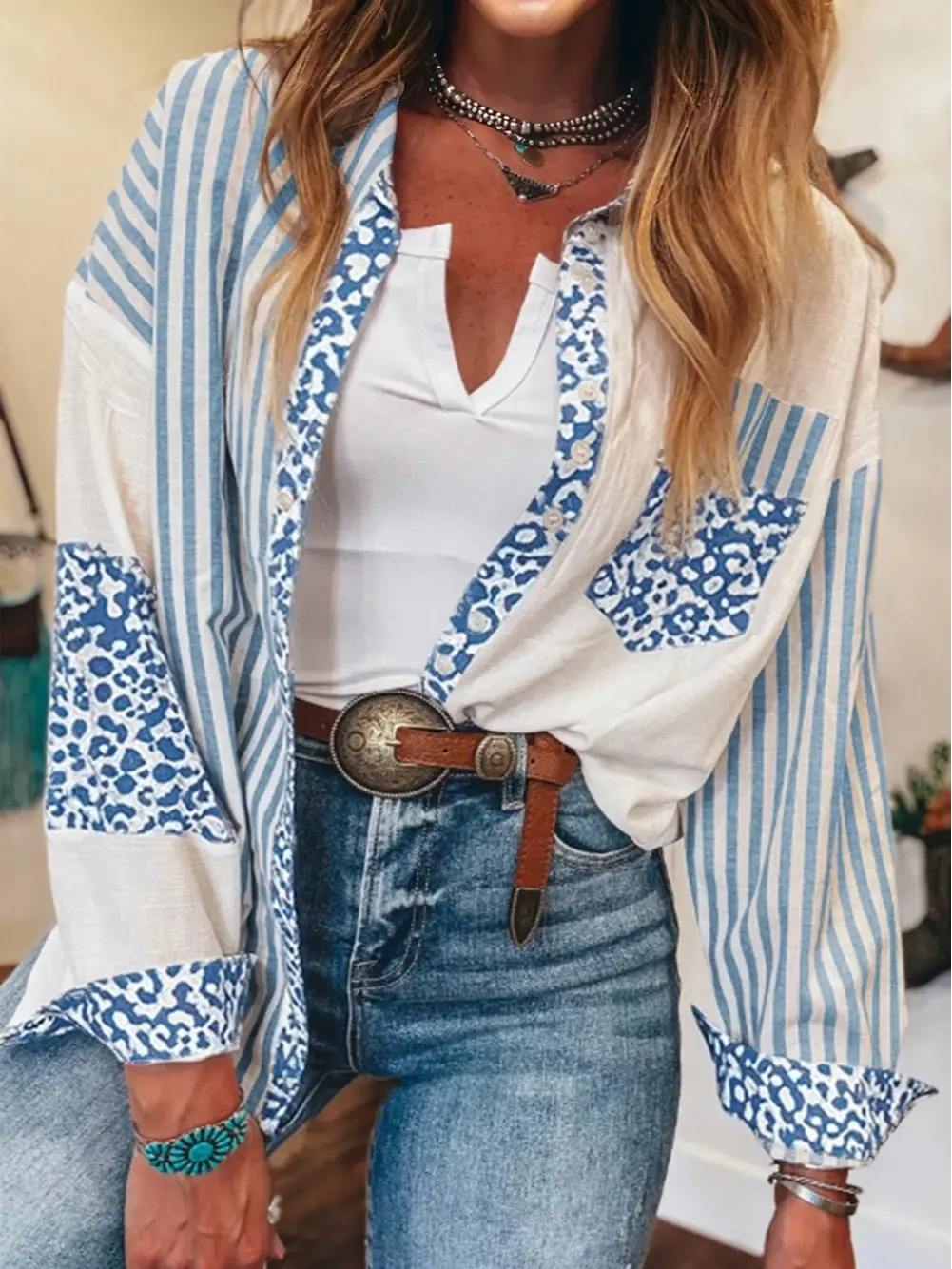 Women's Western Leopard Print Belt-Accent Long-Sleeve Blouse - Comfy Casual Lady Top, Pocket Design, Regular/Plus Sizes, Country Western Cowgirl Cardigan