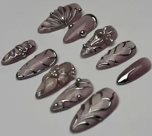 Y2K 3D Chrome Press On Nails Pink 3D Flower Nail Art Trendy Cute Fake Nails Girly Aesthetic Nail Set Glossy Glam Nails Easy Application Versatile Design