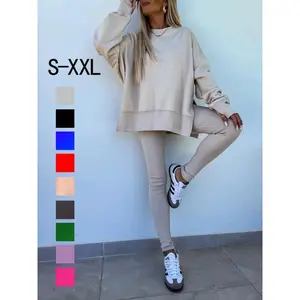 Women’s solid-color sports two-piece set featuring a crewneck long-sleeve pullover and fitted pants; casual, fashionable, and comfortable—suitable for everyday outdoor wear; women’s spring and autumn apparel. GARMENTARY