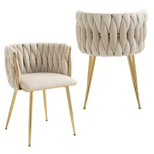Modern Velvet Dining Chairs Set Of 2 Hand Weaving Accent Chairs Living Room Chairs Upholstered Side Chair With Golden Metal Legs For Dining Room Kitchen Vanity Living Room