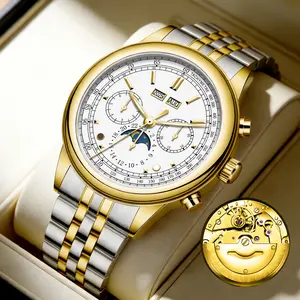 Men's Fashion Mechanical Watch, Stainless Steel Luminous Dial, Luxury Gold & Silver Chronograph, Date Display & Moon Phase Function, Versatile for Business & Leisure Occasions