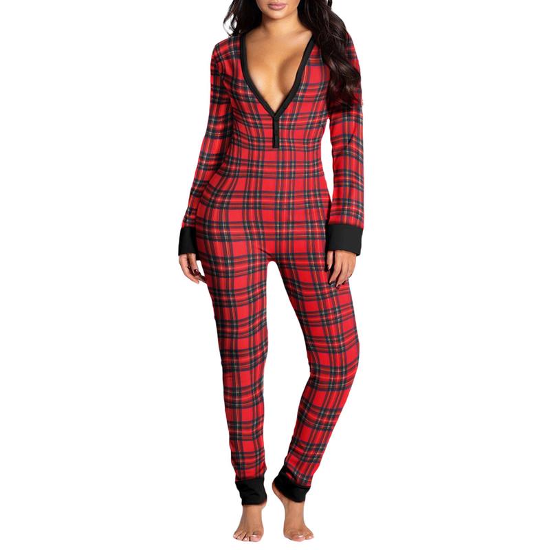 Women's Sleeping Romper, Valentine's Day Pajamas, Long Sleeve V-Neck Printed Loose Detachable Crotch Elastic Home Clothes