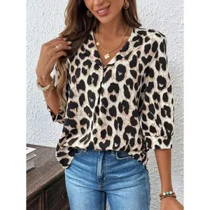 Women's leopard print shirt, work office business casual 3/4 sleeve top, Four Seasons women's clothing, women's clothingRAIMENTRY