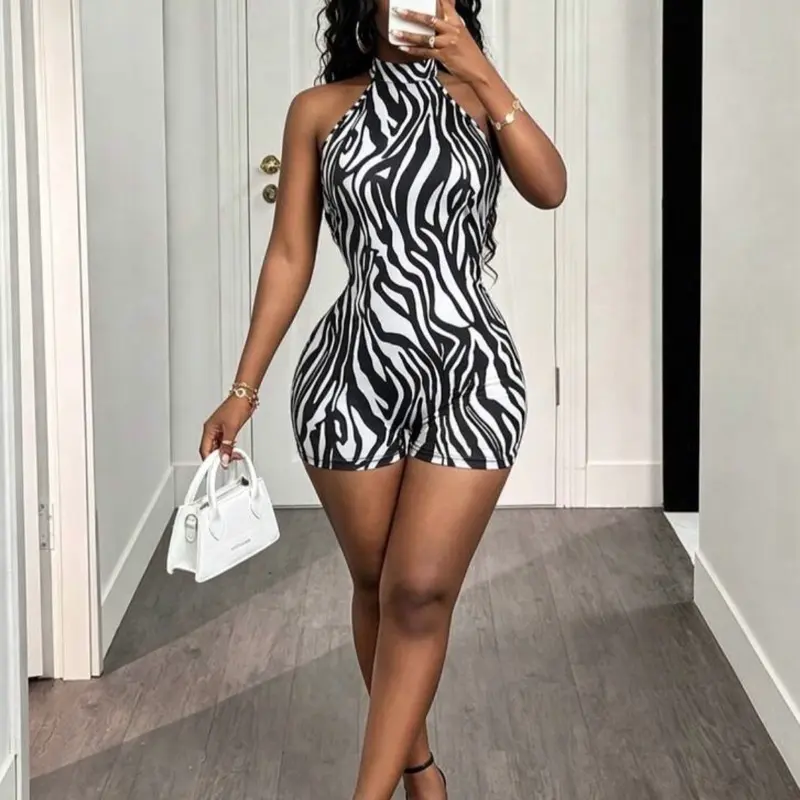 Mistrie Women's Zebra Print, Halter Neck, Backless Fitted Jumpsuit