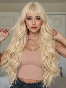 30 Inch Wave Long Curly Wig with Bangs, Synthetic Fiber, Natural Look, Easy Care, Suitable for All Ages, Fashionable Daily Wear, Wavy Wigs