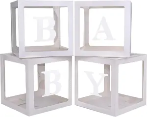 Boxes with 4 count Letters for  Shower White Clear Balloon Box Blocks Gender Reveal Decorations and Birthday Party (White)