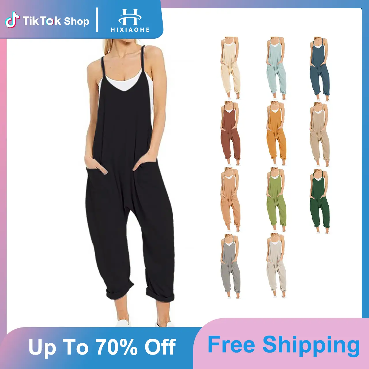 Hixiaohe Women's Casual V Neck Sleeveless Jumpsuits Baggy Straps Harem Long Pants Overalls With Pockets