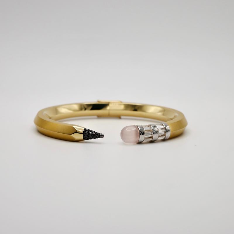 18K Solid Gold Pencil Bracelet Bangle with Moissanite and Pink Nephrite
