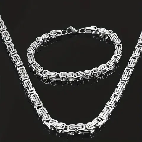 Men's Stainless Steel Necklace and Bracelet Set, Punk Style Edgy Design Byzantine Chain Jewelry, Fashionable Jewelry Set, All-Season Fashion Accessories
