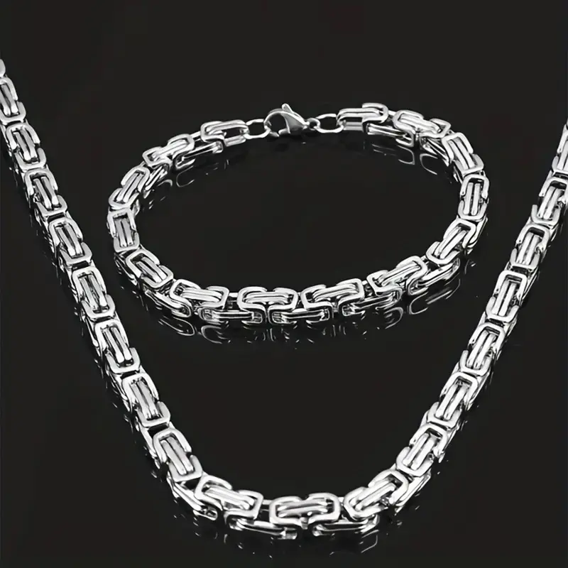 Men's Stainless Steel Necklace and Bracelet Set, Punk Style Edgy Design Byzantine Chain Jewelry, Fashionable Jewelry Set, All-Season Fashion Accessories