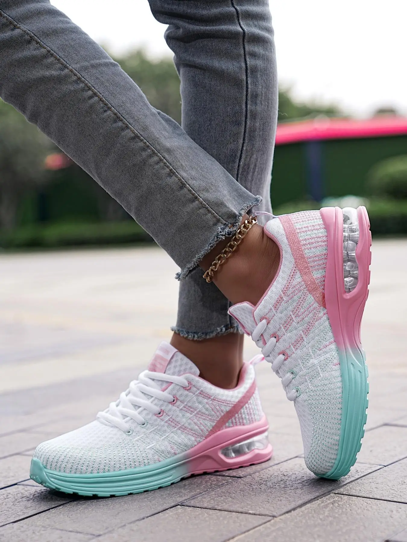 Women's Fashion Colorblock Lace-up Platform Sneakers, 2024 Comfortable Sports Running Shoes for Women, Round Toe Air Cushion Sneakers, Girl's Walking