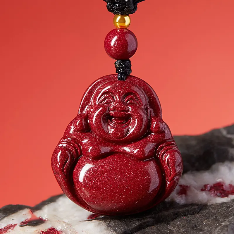 Cinnabar Laughing Buddha Pendant Necklace, Religious Jewelry Charm Accessory, Collectible Talisman, Exquisite Jewelry Gift for Spiritual Enthusiasts